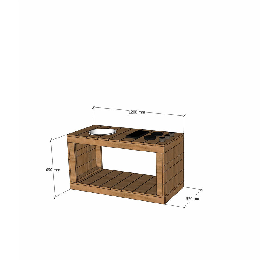 Thermory mud kitchen 1200mm wide and 650mm bench height