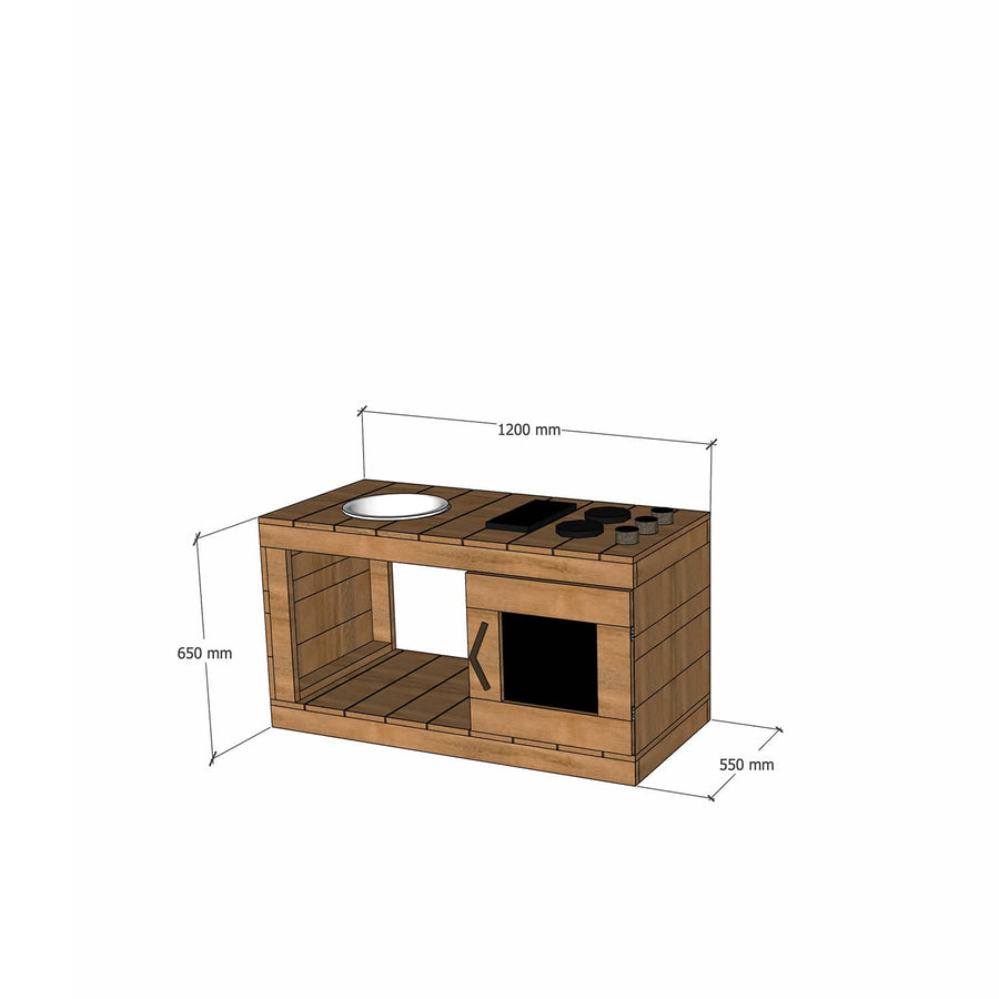 Thermory mud kitchen with oven 1200mm wide and 650mm bench height