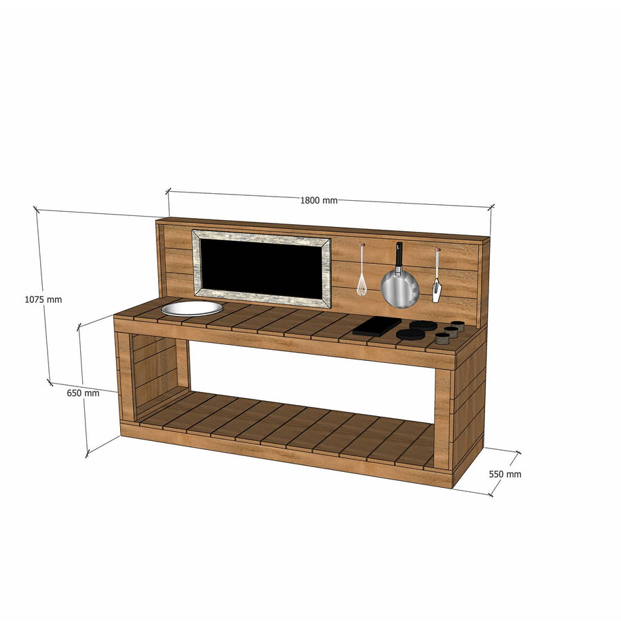 Thermory mud kitchen 1800mm wide with half back and 650mm bench height