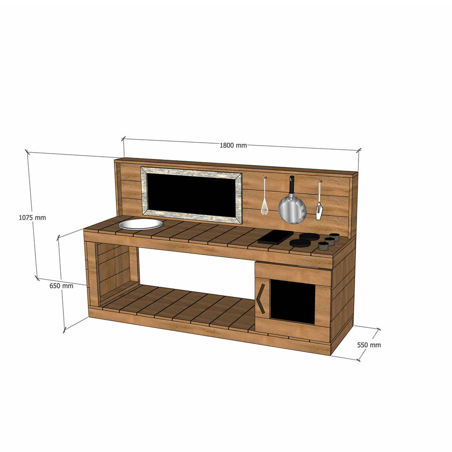 Thermory mud kitchen with oven 1800mm wide with half back and 650mm bench height