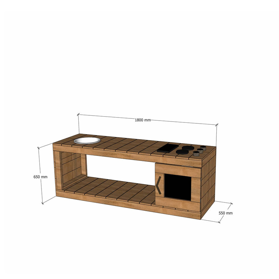 Thermory mud kitchen with oven 1800mm wide and 650mm bench height
