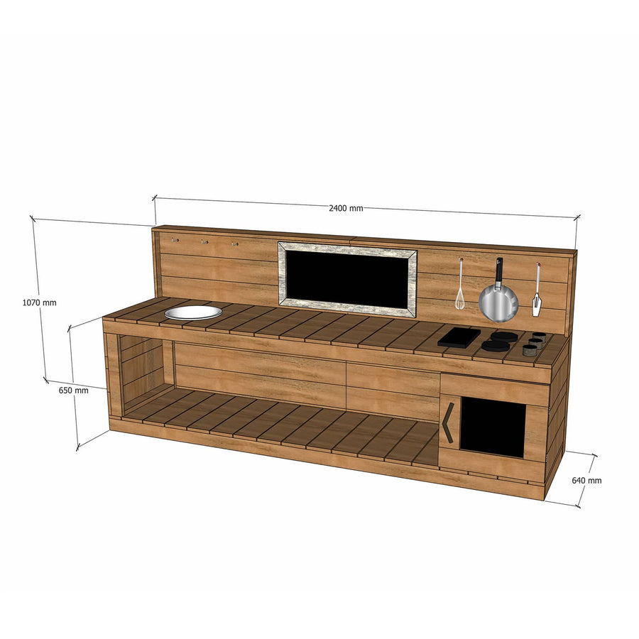 Thermory mud kitchen with oven 2400mm wide with full back and 650mm bench height