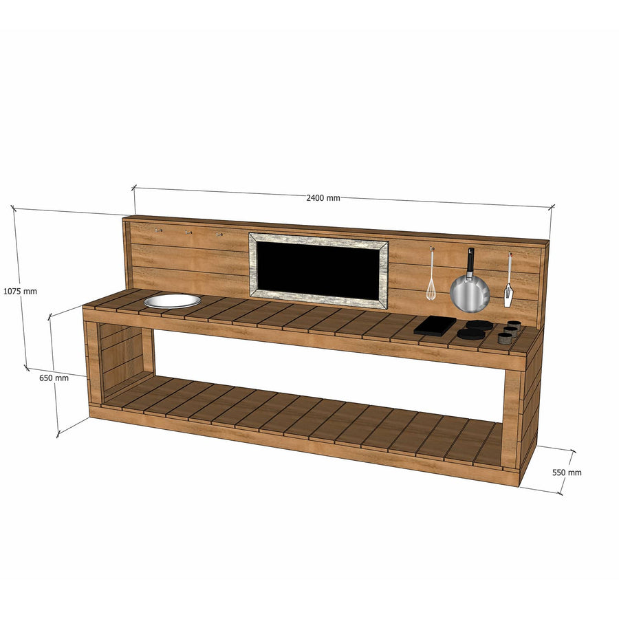 Thermory mud kitchen 2400mm wide with half back and 650mm bench height