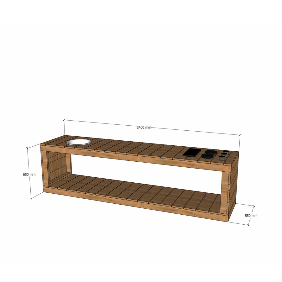 Thermory mud kitchen 2400mm wide and 650mm bench height
