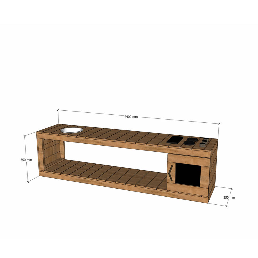 Thermory mud kitchen with oven 2400mm wide and 650mm bench height