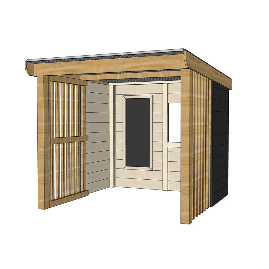 Painted pine cubby shelter without floor, plus window and open front for good supervision