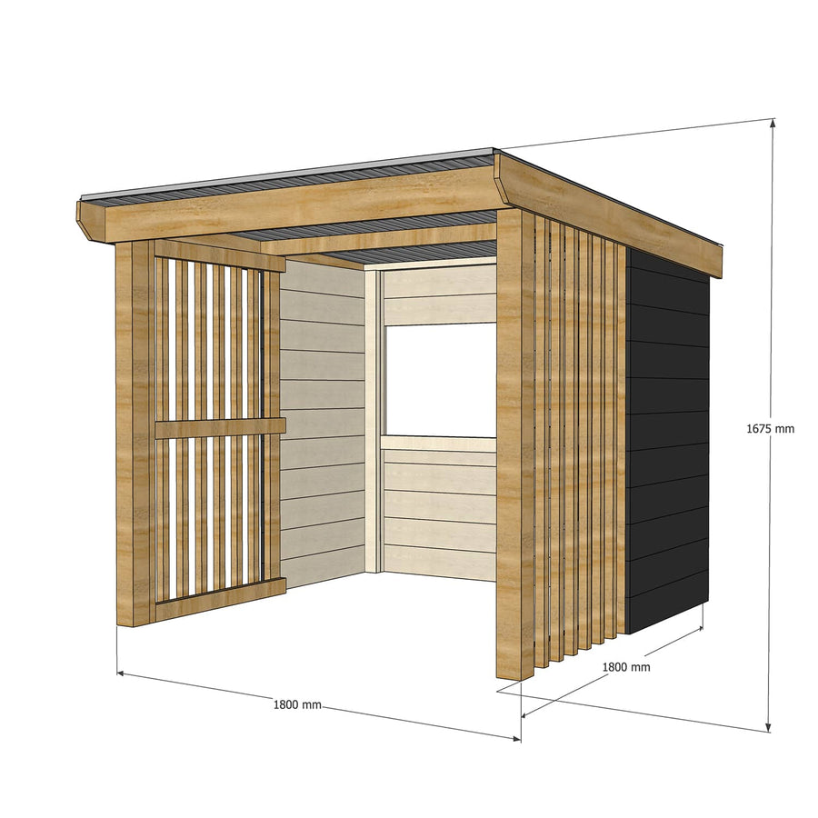 Painted open front timber shelter no floor with dimensions