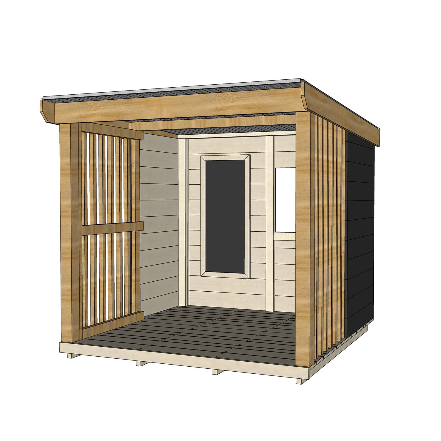 Painted pine cubby shelter with window and open front for good supervision