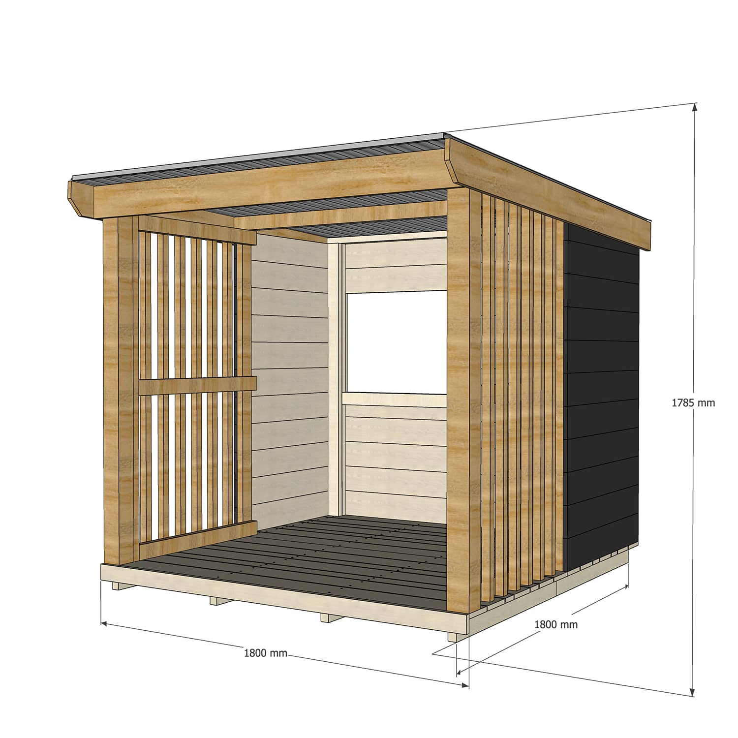 Painted open front timber shelter with dimensions