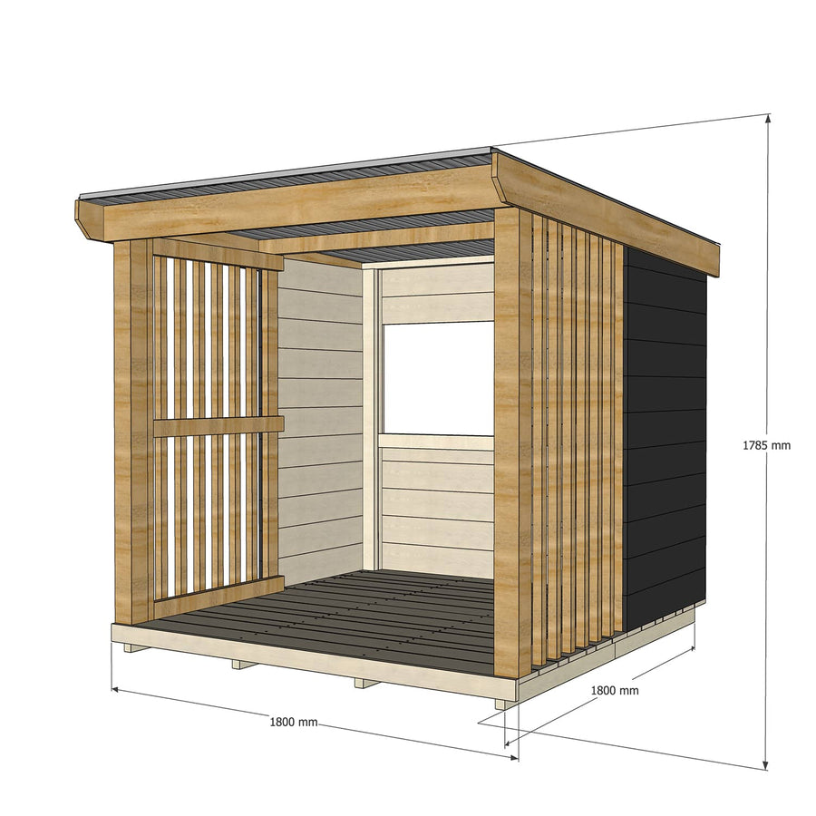 Painted open front timber shelter with dimensions