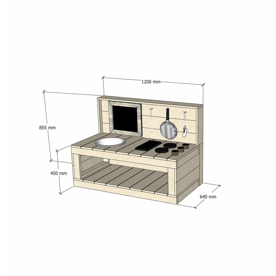 Small Raw Pine Wooden Enclosed Back Play Kitchen 450 Bench Sink Stovetop