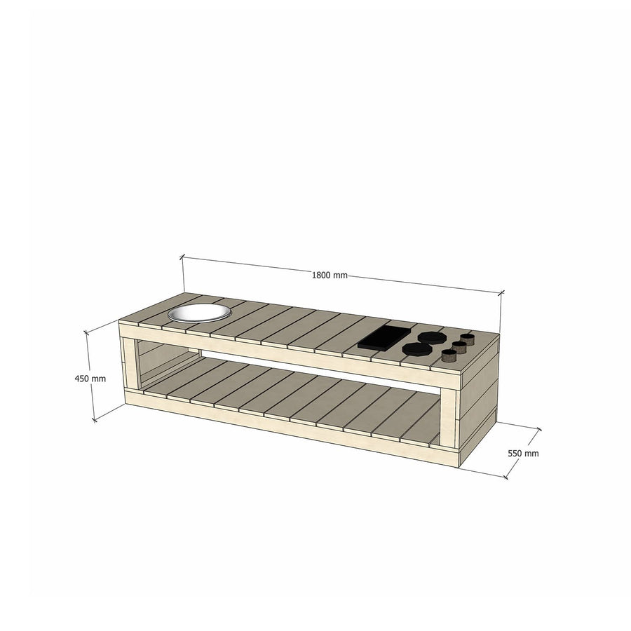 Medium Raw Pine Wooden Play Kitchen 450 Bench Sink Stovetop