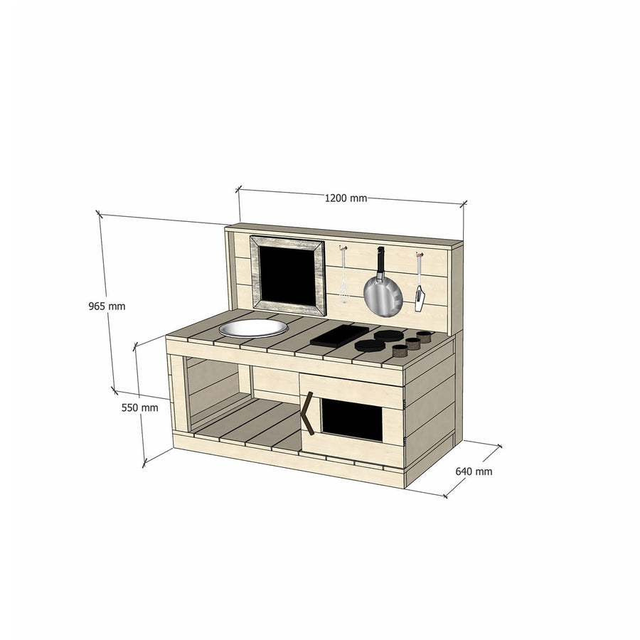 Small Pine Wooden Full Back Play Kitchen 550mm Bench Top Sink Stovetop Oven