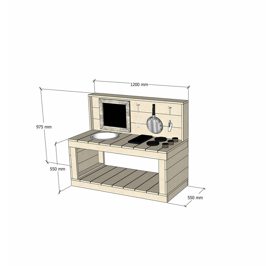 Small Raw Pine Timber Play Kitchen 550 Bench Sink Stovetop