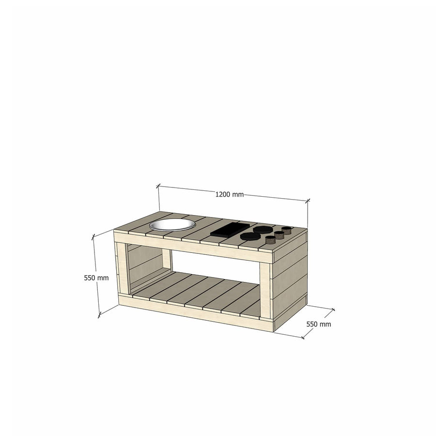 Small Raw Pine Wooden Play Kitchen 550 Bench Sink Stovetop