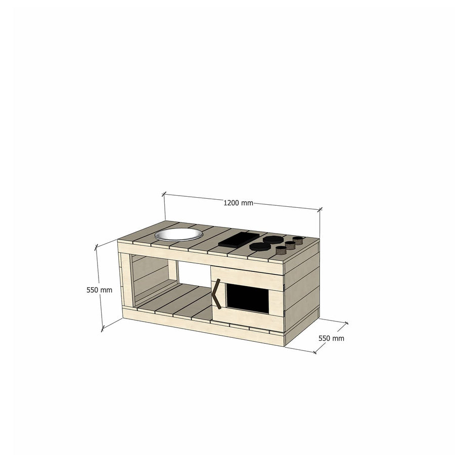 Small Pine Timber Play Kitchen 550mm Bench Top Sink Stovetop Oven