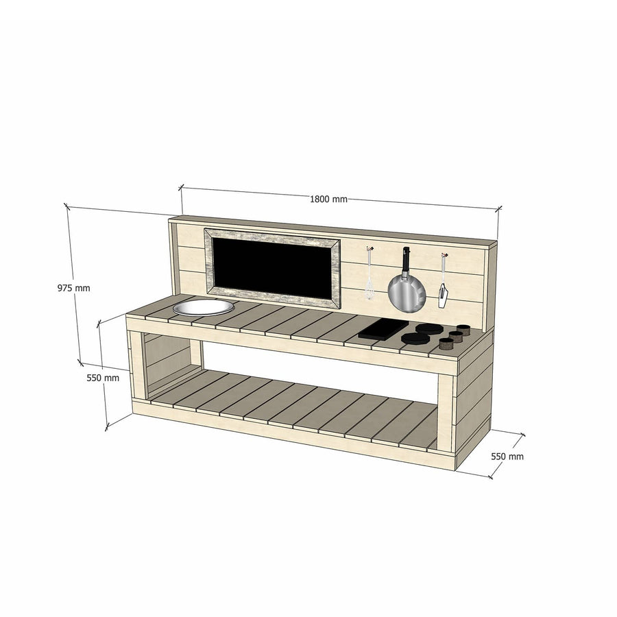 Medium Raw Pine Timber Play Kitchen 550 Bench Sink Stovetop