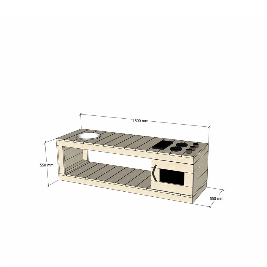 Medium Pine Timber Play Kitchen 550mm Bench Top Sink Stovetop Oven