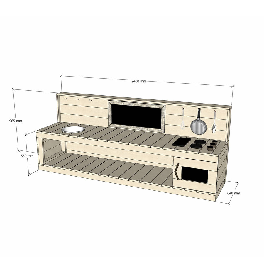 Large Pine Wooden Full Back Play Kitchen 550mm Bench Top Sink Stovetop Oven
