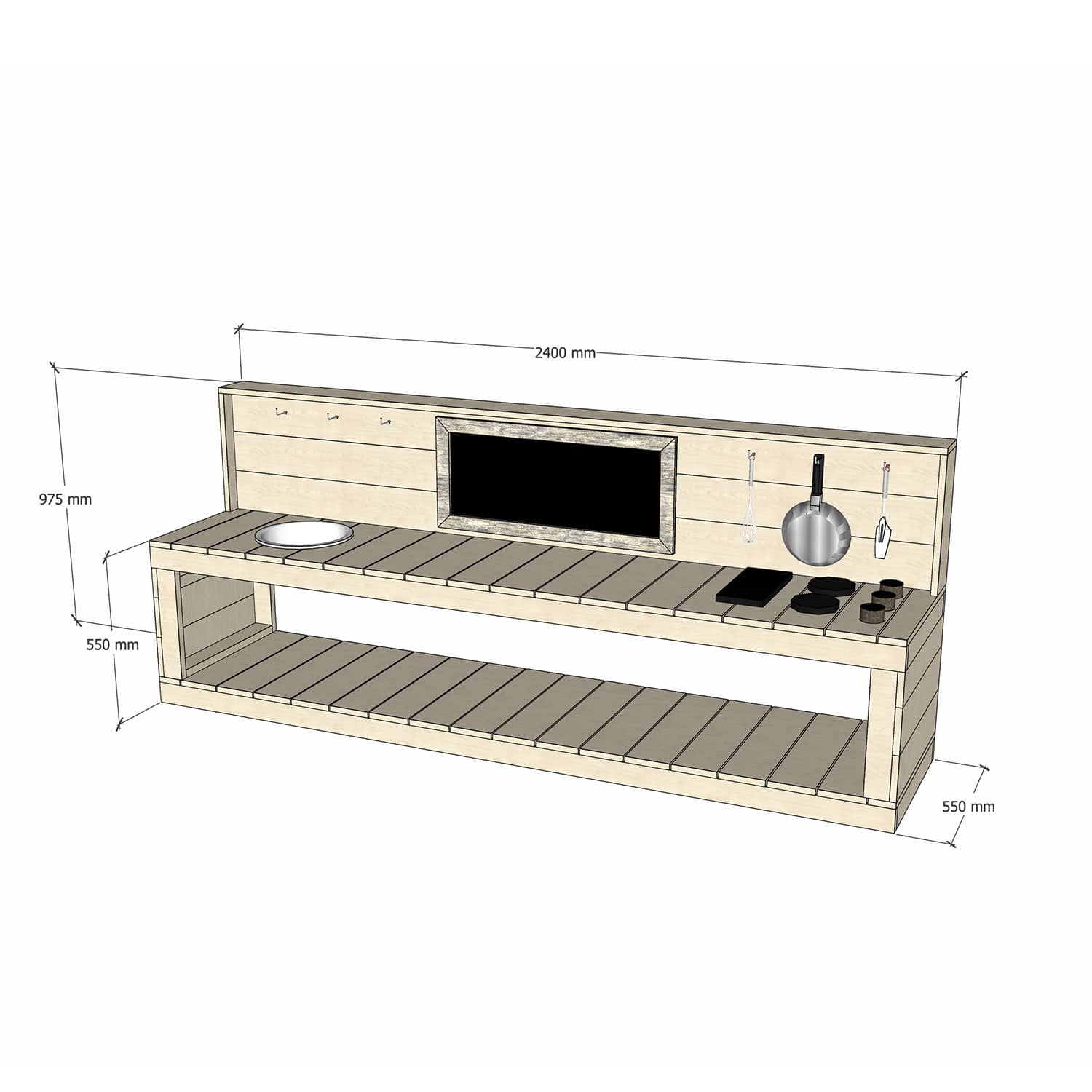 Large Raw Pine Timber Play Kitchen 550 Bench Sink Stovetop