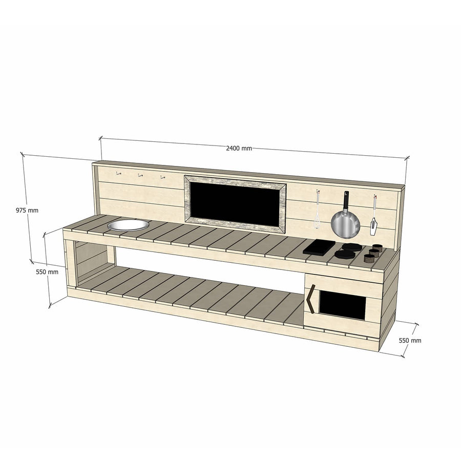 Large Pine Wooden Play Kitchen 550mm Bench Top Sink Stovetop Oven