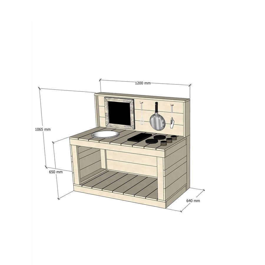 Small Raw Pine Wooden Enclosed Back Play Kitchen 650 Bench Sink Stovetop