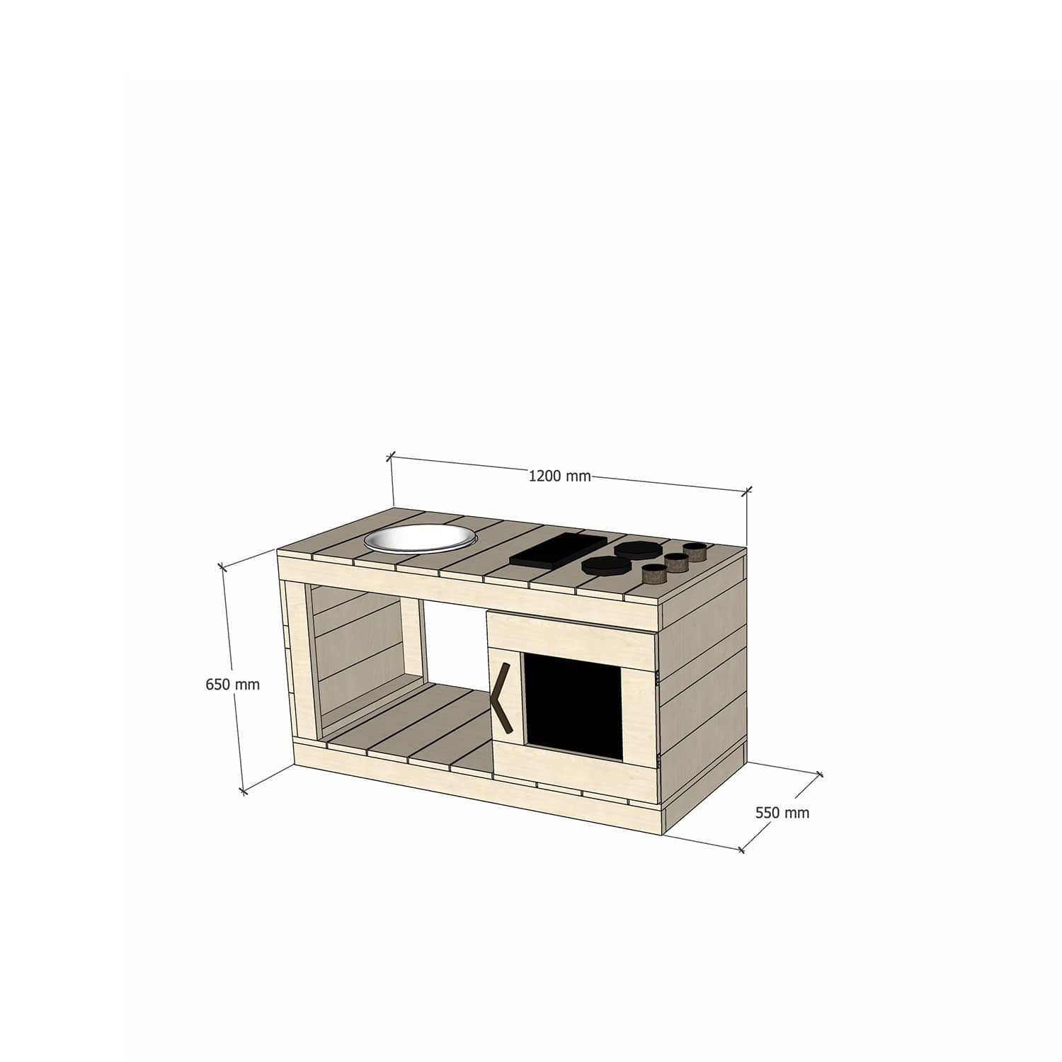 Small Pine Timber Play Kitchen 650mm Bench Top Sink Stovetop Oven