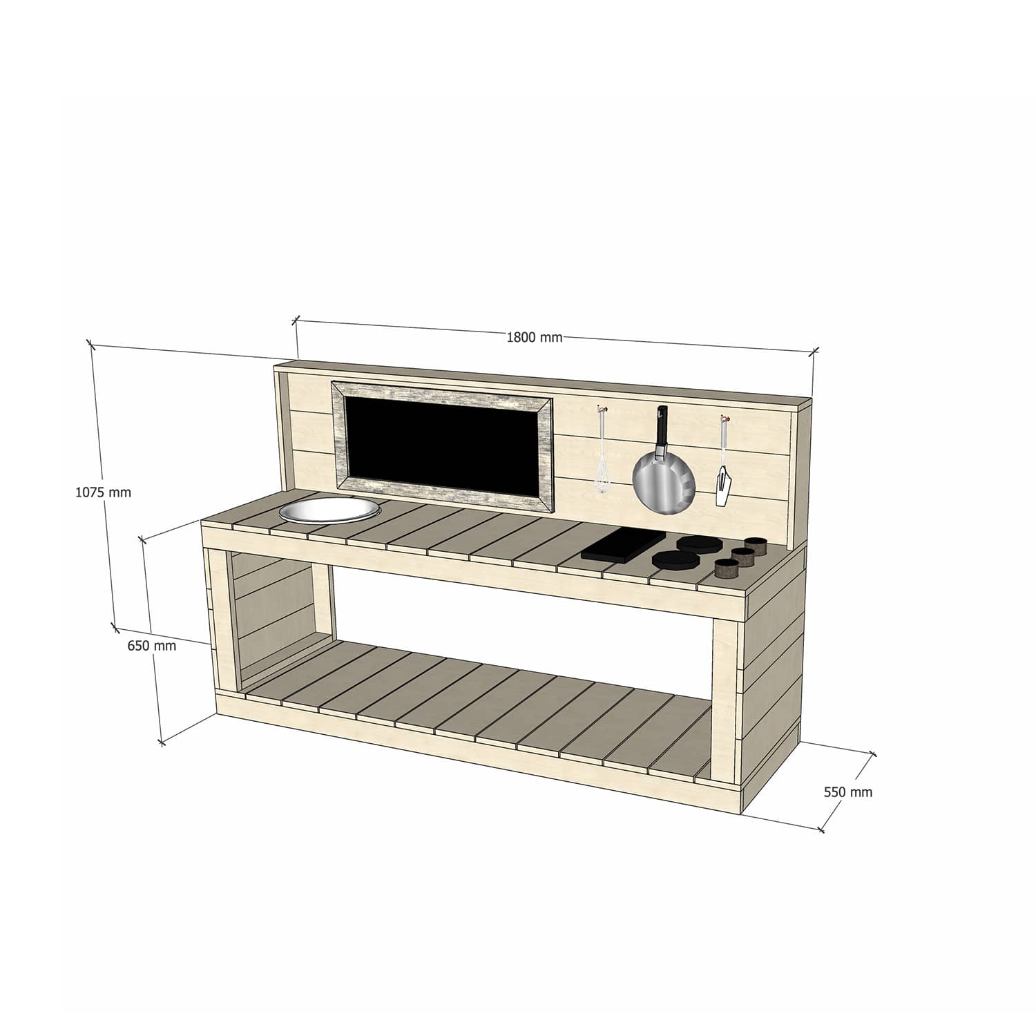 Medium Raw Pine Timber Play Kitchen 650 Bench Sink Stovetop