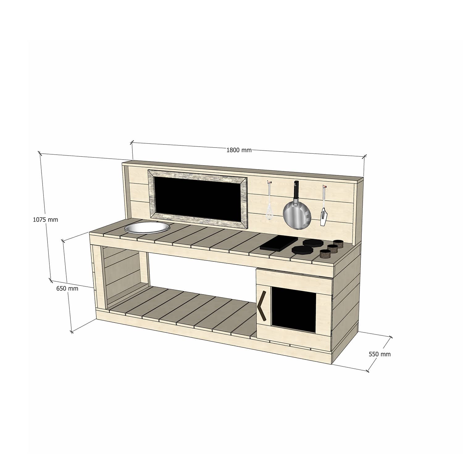 Medium Pine Wooden Play Kitchen 650mm Bench Top Sink Stovetop Oven