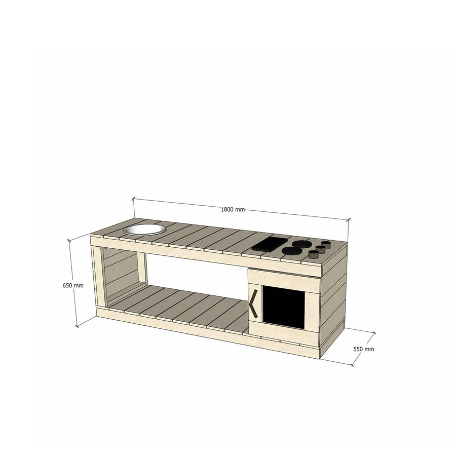 Medium Pine Timber Play Kitchen 650mm Bench Top Sink Stovetop Oven