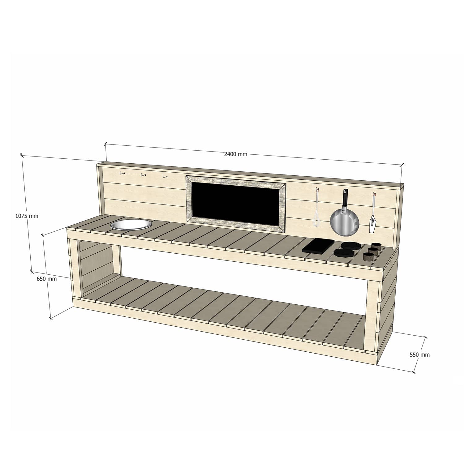 Large Raw Pine Timber Play Kitchen 650 Bench Sink Stovetop