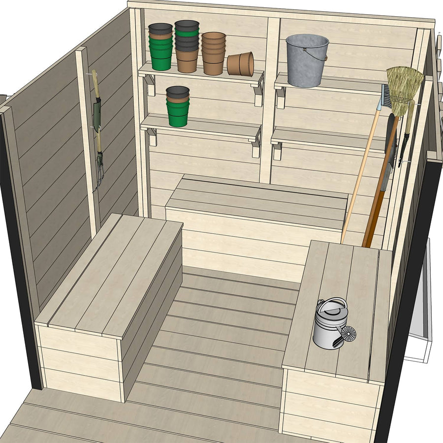 Internal View of Painted Pine Outdoor Potting Shed Extended Verandah Roof Bench Seat Storage Boxes