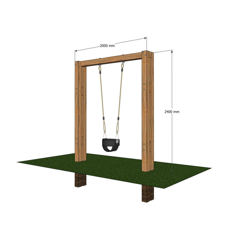 Timber swing set for kids with 1 full bucket seat.