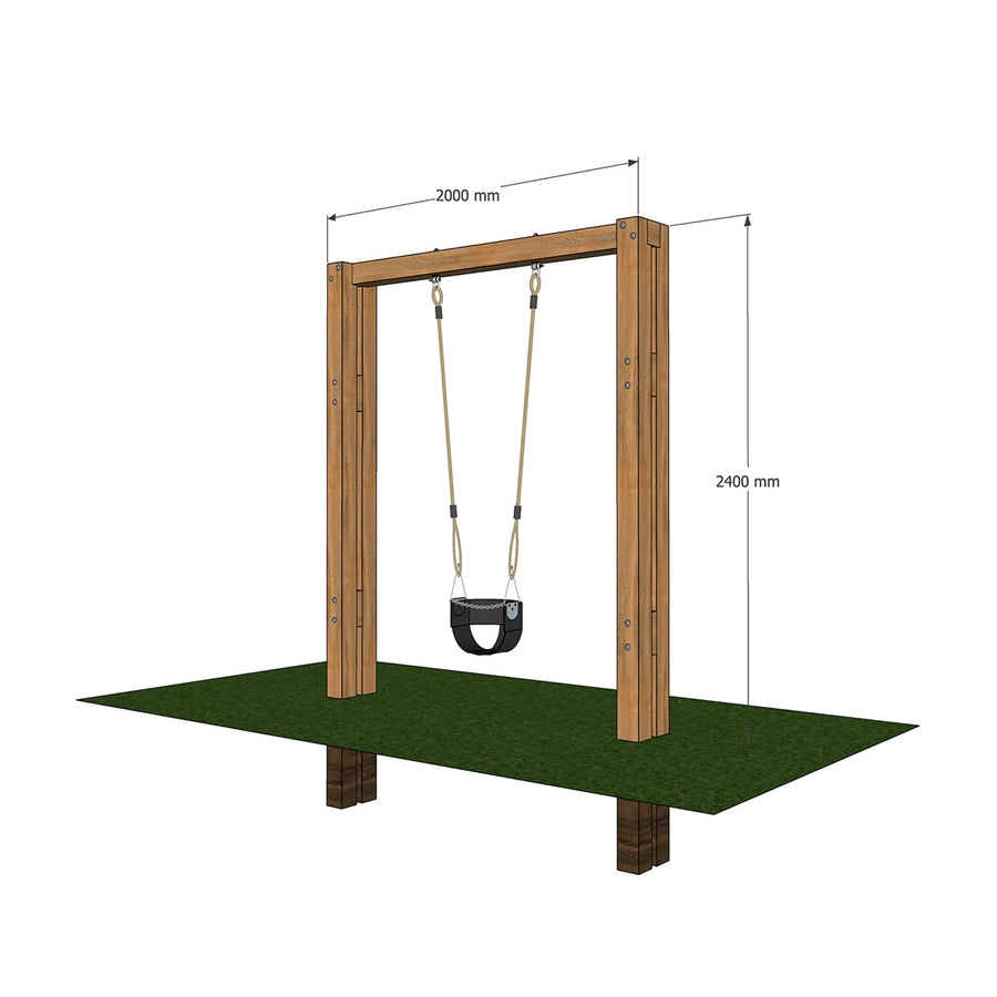 Timber swing set for kids with 1 half bucket seat.