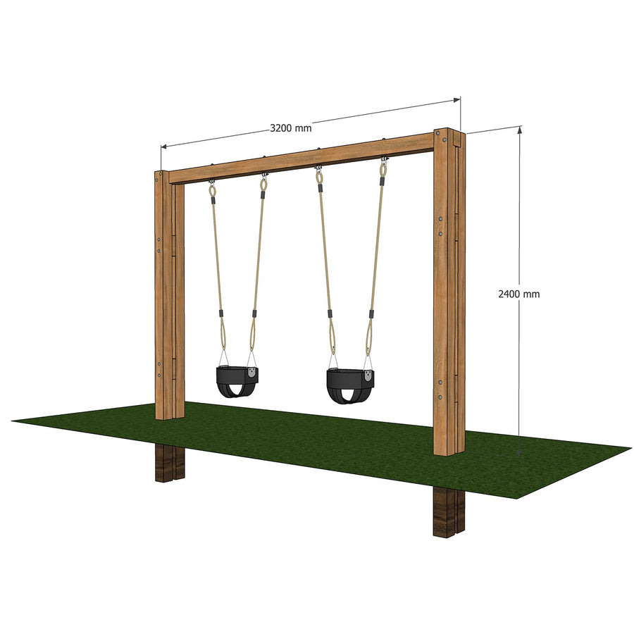 Timber swing set for kids with 2 full bucket seats.