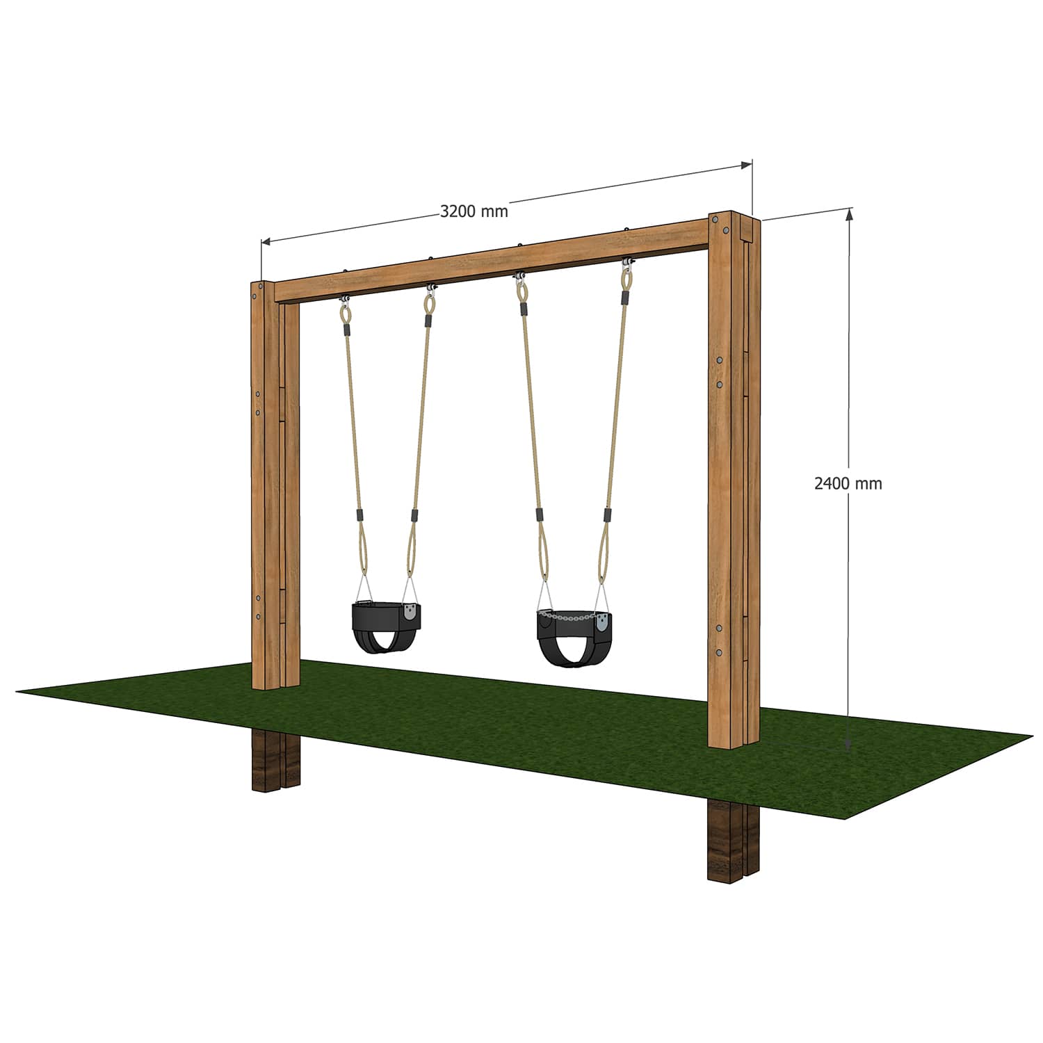 Outdoor timber swing set with 1 full bucket and 1 half bucket seats.