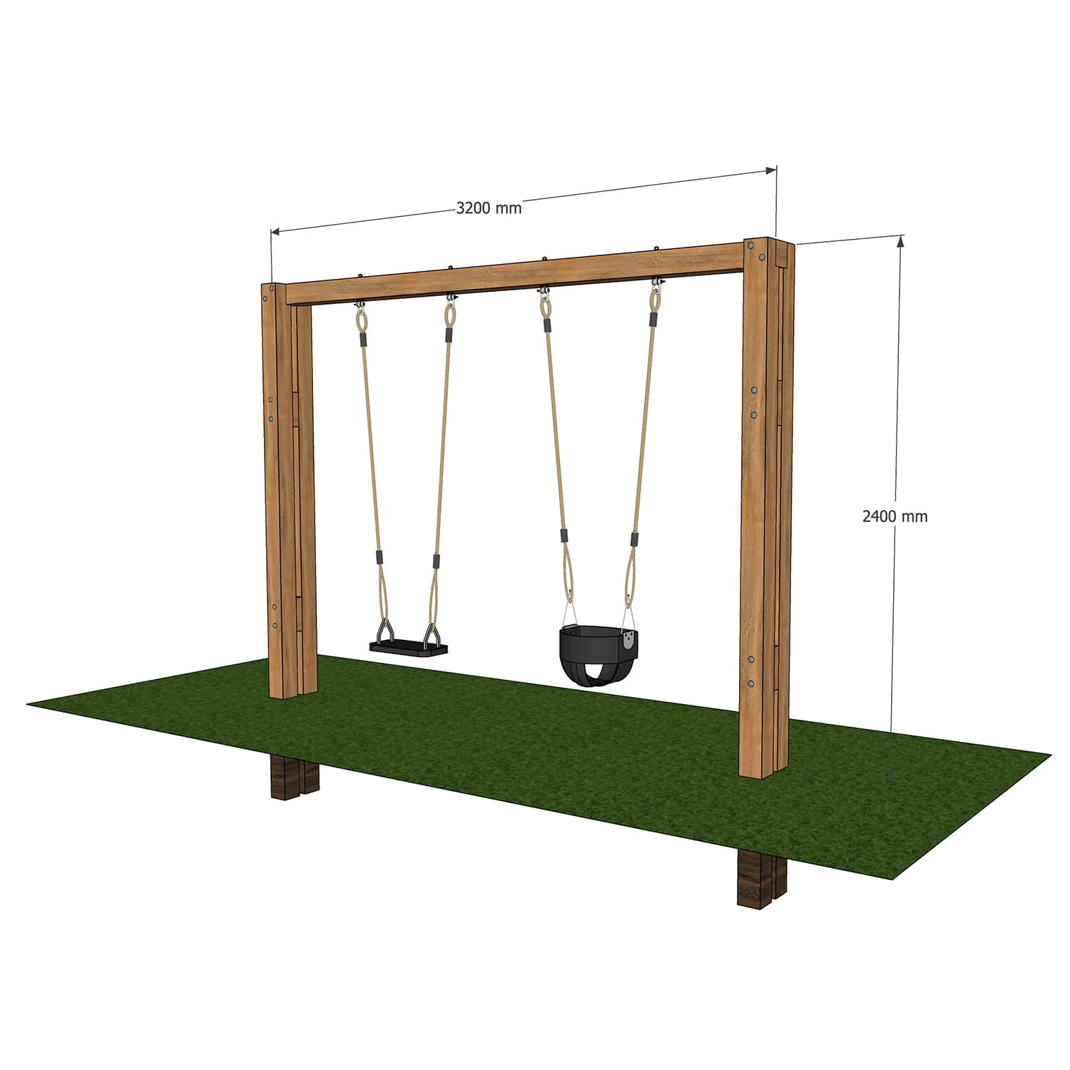 Kids swing set with 1 solid seat and 1 full bucket seat. Wooden swing set.