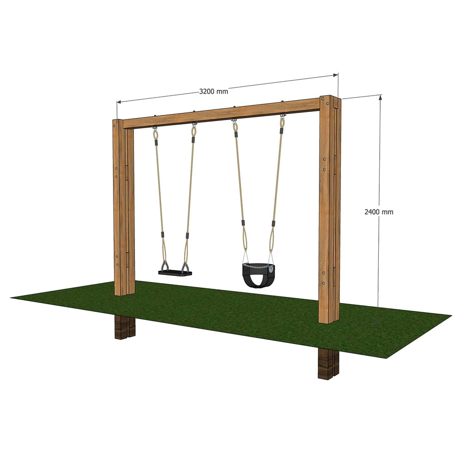 Wooden Timber swing set kit with 1 solid seat and 1 half bucket seat
