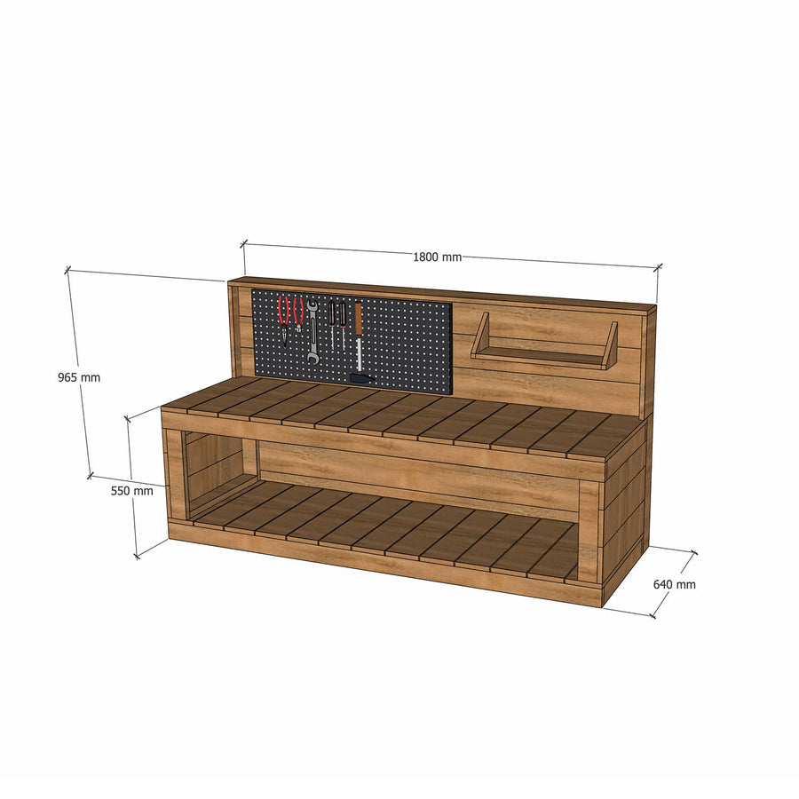 Hardwood Timber 1800mm Kids Workbench Enclosed Back Pegboard 550 Bench Height